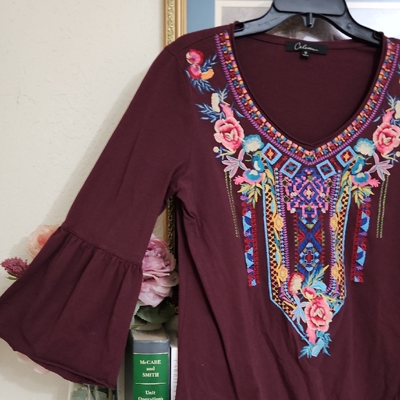 Maroon Fall Floral Embroidered Blouse Peasant Cottagecore M - Picture 3 of 11